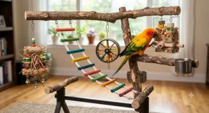 Interactive bird play perch t-stand setup featuring hanging ladders and foraging toys