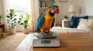Calibration test using a known weight on a bird scale for large macaws to ensure gram scale accuracy.