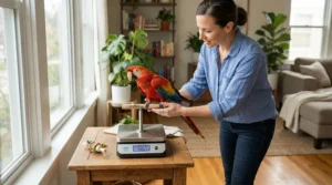 Pet owner using an affordable bird scale for large macaws during a routine health monitoring session at home.