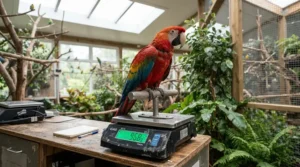 A sturdy perch attached to a digital bird scale for large macaws inside an avian health check kit.