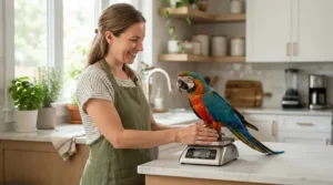 Wide and stable platform design of a bird scale for large macaws preventing tipping during use.