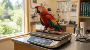 Veterinary notes and a gram scale for weighing pet birds used to spot weight-loss warning signs in birds early.
