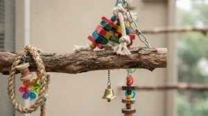 Compact tabletop java wood perch displayed on a living room end table with hanging toys.