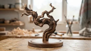 A custom-configured manzanita wood stand showcasing bespoke branching patterns.