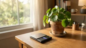 An affordable digital bird scale for home health checks set up on a home desk.