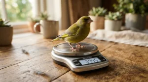 A tiny green parakeet perched on a digital bird scale for home health checks on a wooden table.