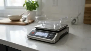 A close-up of a digital bird scale for home health checks featuring a removable T-shaped perch.