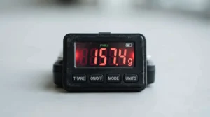 Display screen showing precise measurements on a digital bird scale for home health checks.