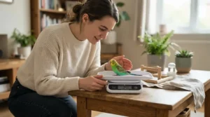 Weekly wellness routine using a digital bird scale for home health checks in a living room.
