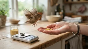 Training a pet bird to step onto a digital bird scale for home health checks with treats.