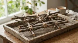 A DIY natural branch bird play gym crafted from safe hardwood tree branches and sisal rope.