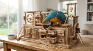 Foraging play gym for African grey parrots featuring puzzle toys and hideaways