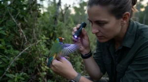 A budget avian inspection tool shown as a handheld UV light for bird feather checks in a home setting.