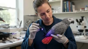 Checking for stress bars and damage with a handheld UV light for bird feather analysis and diagnostic care.
