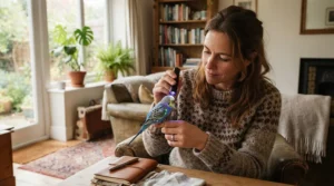A pet owner using a handheld UV light for bird feather routine maintenance and wellness monitoring indoors.