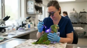 An avian expert using a handheld UV light for bird feather and skin health checks in a modern veterinary office.