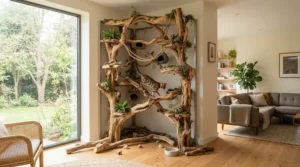 A custom handmade java wood tree stand providing a safe habitat for a pet macaw.