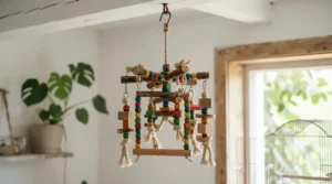 Hanging ceiling play gym for African grey parrots with swings and wooden beads