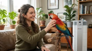 An owner finding relief from bird dust allergy using a HEPA air purifier for bird rooms.