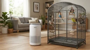 A HEPA air purifier for bird rooms operating quietly next to a cockatiel cage in a bright living room.