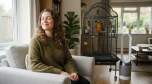 A concerned bird owner with respiratory issues relying on a HEPA air purifier for bird rooms.