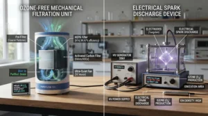 A comparison setup highlighting why a HEPA air purifier for bird rooms is safer than an ozone ionizer.