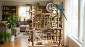 Interactive play gym for African grey parrot showing enrichment toys and climbing nets