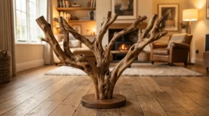 Sturdy natural wood floor perch for large parrots positioned on a hardwood living room floor.