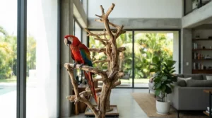 Exotic blue and gold macaw resting on an organic wooden climbing structure in a modern home.