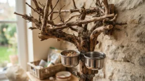 Wooden java branch perch equipped with metal feeding bowls for a large pet bird.
