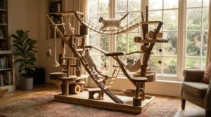 Sturdy java wood bird stand providing multiple perching levels for large parrots and cockatoos.