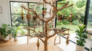 Large java wood bird stand featuring attached hanging toys and food cups for pet birds.