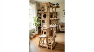 A large parrot activity center and bird play gym with stainless steel feeding cups and rope ladders.