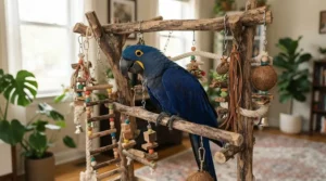 A happy hyacinth macaw relaxing on a multi-branch java tree play stand with hanging toys.