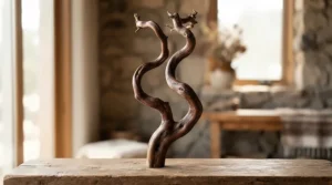 An architectural view of a uniquely twisted manzanita wood stand showing clean lines.