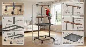Diagram showing assembly and key dimensions for a mobile parrot perch on wheels