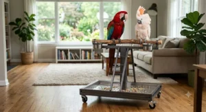 Heavy-duty movable t-stand designed for large parrots like macaws and cockatoos