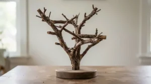 A natural java wood bird stand sitting on a wooden tabletop with a colorful parrot perched on top.