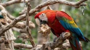 Close-up of a blue and gold macaw playing with toys on a sturdy hardwood java tree stand.