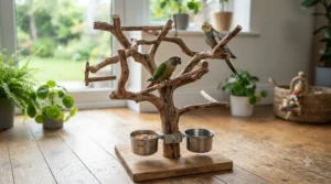 Natural wood play gym for African grey parrots with stainless steel feeding bowls
