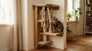A space-saving corner play gym for cockatiel designed for small apartment living rooms.