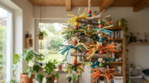 A hanging toy enhanced play gym for cockatiel designed for daily entertainment and exercise.