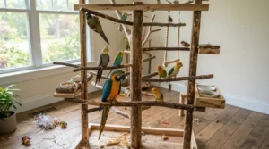 A tall multi-level wooden play gym for cockatiel offering various perching and climbing spots.