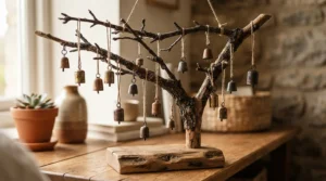 A compact tabletop play gym for cockatiel featuring natural branches and swinging bells.