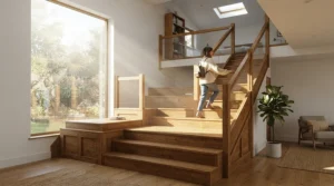 A wooden ladder and platform style play gym for cockatiel positioned near a sunny window.
