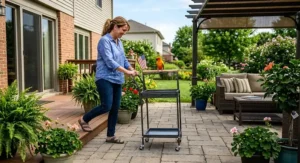 Pet owner wheeling a portable bird stand on wheels onto an outdoor patio