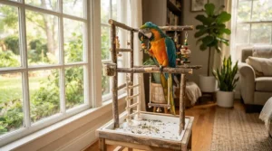 Portable play gym for African grey parrots set up near a sunny window