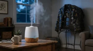 A quiet small humidifier for bird cage room running silently in a dimly lit bedroom at night