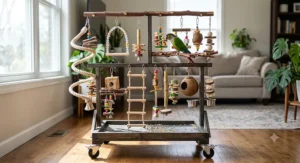 Interactive rolling bird t-stand equipped with foraging toys and ladder accessories