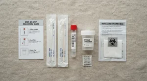 All essential components laid out from a comprehensive sample collection kit for bird vet wellness checks.